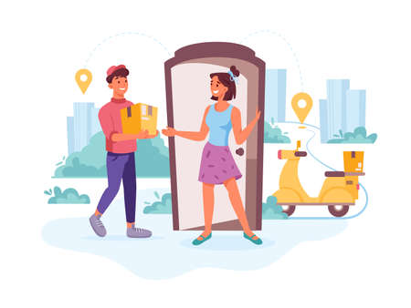 Delivery courier, happy client with order parcel, delivering express order, vector flat cartoon. Courier man with parcel on motorcycle or scooter moped delivering parcel order to woman homeのイラスト素材