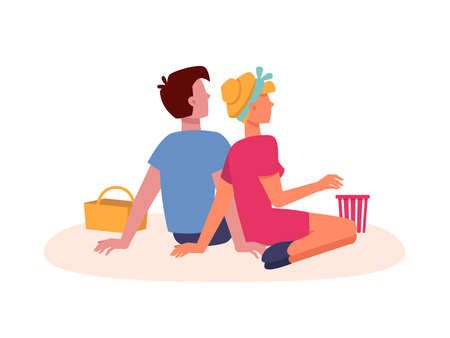 Couple sitting on picnic, dating and looking forward from back behind, vector flat isolated. Couple man and woman lovers on romantic dating or picnic sitting, embracing and eatingのイラスト素材