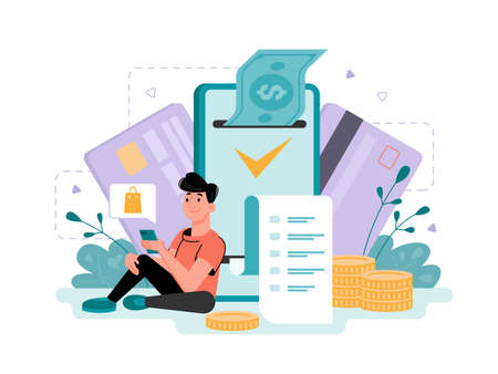 Pay online, payment with mobile and money transfer, vector, bank card and cellphone, flat concept. Online pay with mobile phone and credit card, shop orders and retail cashless service in smartphoneのイラスト素材