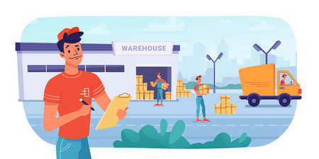 Delivery logistics, warehouse parcel boxes delivering by workers to minibus truck, vector flat design. Post mail or cargo freight boxes logistics and shipment process, warehouse loading and unloadingのイラスト素材