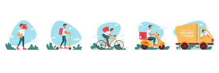 Delivery courier service, express delivering icons vector flat cartoon. Delivery couriers on bicycle or moped scooter, logistics truck and courier man or boy delivering red parcel box with ordersのイラスト素材