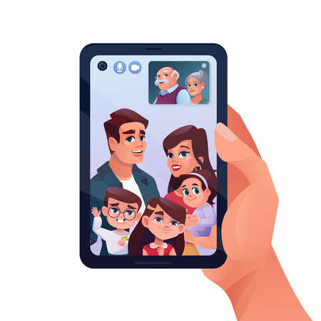 Video call or family chat in phone or smartphone, vector cartoon illustration. Child and elderly parents video call on quarantine, woman with kids chatting on mobile phone online watching in windowのイラスト素材