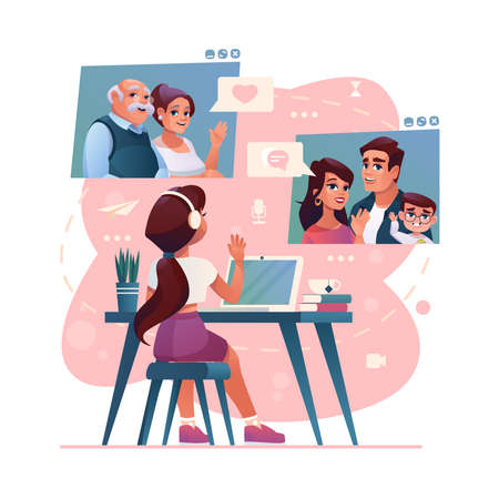 Video call and group chat to family and friends on computer, vector cartoon illustration. Girl kid chatting and sending messages in video call to family parents and grandparents, sitting at tableのイラスト素材