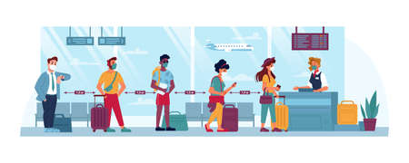 Airport, people in masks, travel and social distance, coronavirus safety vector cartoon flat. People at airport social distance line boarding to flight with luggage, covid 19 epidemic tourismのイラスト素材