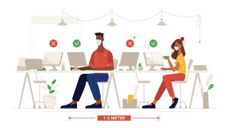 Office social distance, people in masks at work, workplace safety rules, vector flat. Colleagues sitting through one, coronavirus covid corporate social distance, health safety and pandemic quarantineのイラスト素材