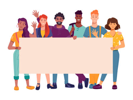 People activists holding placard banners, vector activism or peaceful protest. Happy crowd with banners on vote march, women and black men or students activists on public rights demonstrationのイラスト素材