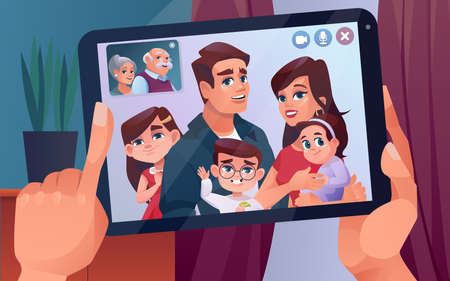 Video call or family chat on tablet with children and elderly parents. Video call chat on internet tablet or phone and smartphone in hands with family kids and grandparents, cartoon designのイラスト素材