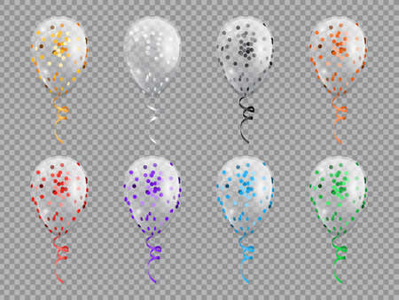 Circle shape transparent balloons with sparkles isolated party decor objects. Vector helium balloons on color curved stripes. Birthday and anniversary decor, Valentines day holidays decorationのイラスト素材