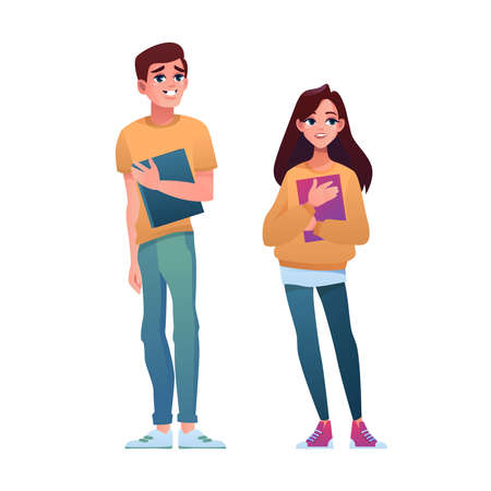 Youth period high school students isolated teenager boy and girl. Vector college juniours, young male and female cartoon style characters. Happy classmates, highschool teenage pupils, friendsのイラスト素材