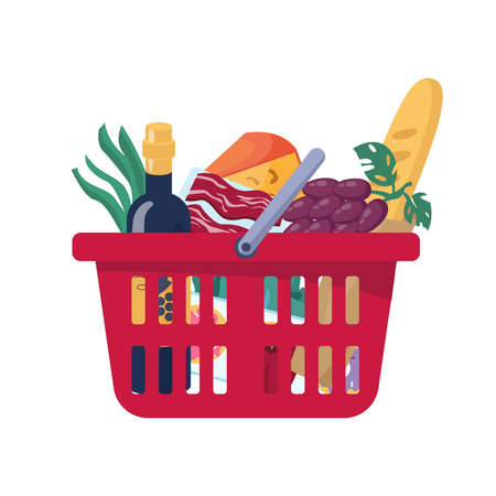 Full plastic red food basket isolated grocery products flat cartoon. Vector meat and cheese, fruits and vegetables, grapes and bakery bread, bottle of wine. Fresh retail goods delivery, consumer bagのイラスト素材