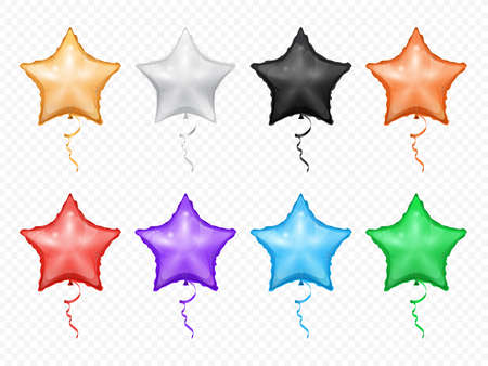 Balloons in shape of stars isolated set. Vector red purple, green blue, golden, black white heart-shape helium balloons. Birthday and anniversary decor, Valentines day and love holidays decorationのイラスト素材