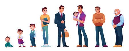 Character of man in different age. Vector baby, child, teenager adult and mature person, elderly male on retirement. Life circle, generation of people and stages of growing up. Aging process of personのイラスト素材