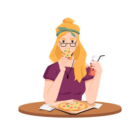 Happy blonde woman eats pizza and drink juice from glass with straw isolated flat cartoon vector. Girl in glasses eating traditional Italian food, pepperoni in paper package on wooden table, napkinsのイラスト素材