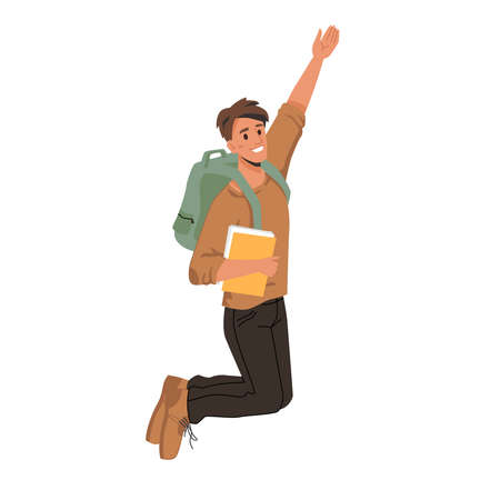 Dark haired man student merrily leaps or jumps with fists up, passed exams successfully. Vector man in sweater and trousers, leaping or jumping from delight with textbook, notebook, copy book in handsのイラスト素材