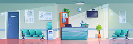 Medical hallway, reception with doors and empty rows of seats, schedules of doctors work, emergency hospital hall. Vector medical center building interior, plants and desk, screen, shelf with foldersのイラスト素材