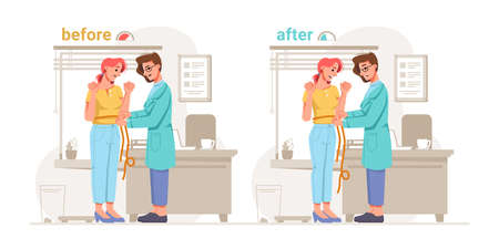 Nutritionist helps overweight girl, result before and after. Vector expert in nutrition helps woman to get rid of excess weight. Dietician dietitian in cabinet with table, window and dieting bannersのイラスト素材
