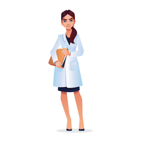 Young graduate student, doctor, nurse, veterinarian with documents in hands in white cloak isolated. Vector woman practitioner or surgeon, smiling physician, professional specialist, medical supportのイラスト素材