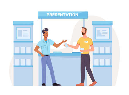 Expo exhibition of printed books on presentation, people promoter consultant and buyer at showcase. Vector trade show, advertising of magazine or novel, published leaflets, stands with publicationsのイラスト素材