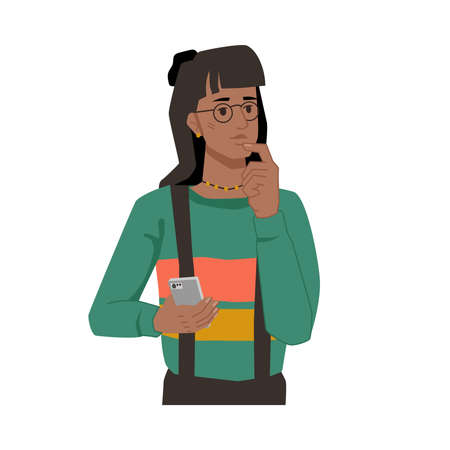 Thoughtful afro american girl with smartphone in hands isolated flat cartoon character. Vector girl thinking about life or love, what to write in text message or remembering contact phone numberのイラスト素材
