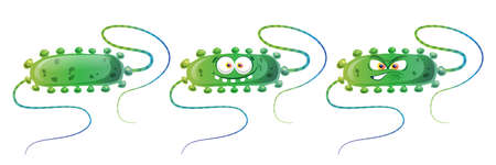 Bacteria virus funny and angry isolated cartoon germ green microbe with tentacles. Vector smiling...