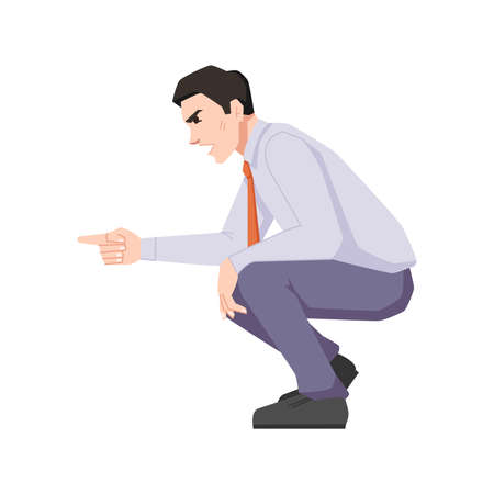 Angry man threatening his finger, father yelling child or subordinate worker. Serious man in suit showing threaten gesture, cartoon character. Parent squatting and quarreling kid, parenting conceptのイラスト素材