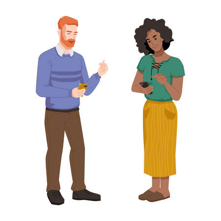 Man and woman with smartphones isolated people chatting, reading or watching videos on mobile phones. Vector people with cellphones, redhead guy and afro american girl. Couple communicating by phonesのイラスト素材