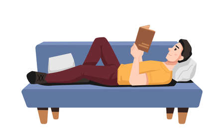 Guy laying on couch enjoying reading book. Student or bookworm with textbook on sofa. Leisure or pastime of teenager. Relaxing or doing favorite hobby at home. Cartoon character, vector in flat styleのイラスト素材