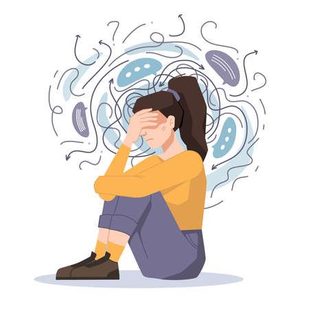 Anxiety, woman fears and phobias, thoughts get confused and crushed isolated girl sitting on floor with headache. Vector troubled unhappy girl, anxious scared female in despair, psychological problemsのイラスト素材
