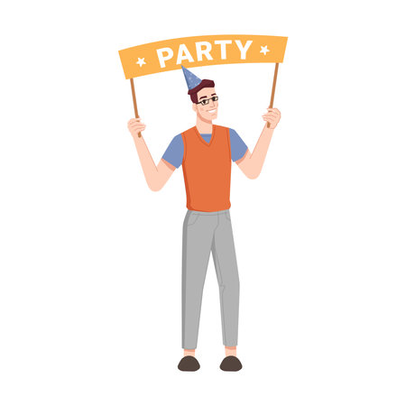 Guy in hat cone with greeting banner isolated flat cartoon person. Vector man in holiday headwear, carnival congratulations on poster. Boy in glasses with placard, celebration of birth dayのイラスト素材