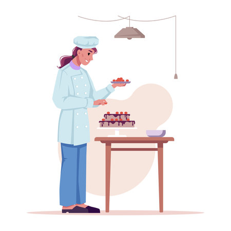 Chef prepares sweet cake isolated flat cartoon character. Vector woman baker cooks dessert, decorate pie by fruits or berries. Chocolate food snack on table, girl in hat and cooker uniformのイラスト素材