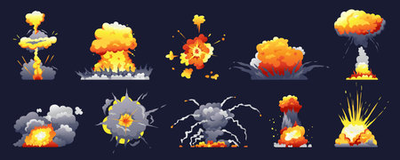 Bomb and fire explosion isolated cartoon set. Vector realistic fiery boom, danger explosive bombs, detonation atomic clouds bursting over black. Dynamite detonator mobile and ui game animation iconsのイラスト素材