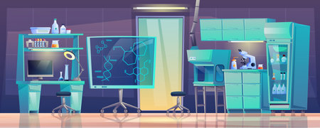 Medical furniture laboratory equipment beakers room interior design. Vector diagnostic computers and test tubes, pharmacy tables and chairs, desk with dna graphics, pharmacology microscope on deskのイラスト素材