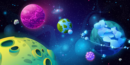 Fantasy universe, galaxy with planets and celestial bodies made of craters and ice. Panoramic view of cosmos with constellation and fictional systems. Planetarium cartoon vector in flat styleのイラスト素材
