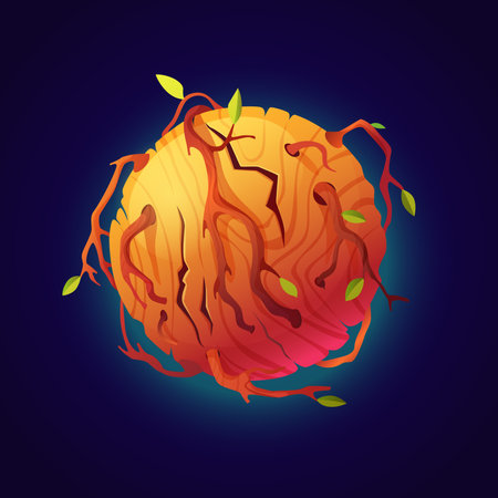 Fictional fantasy planet design, isolated celestial body with wooden tree or bushes branches with leaves and foliage. Wild life, universe and cosmos nature on star. Cartoon vector in flat styleのイラスト素材