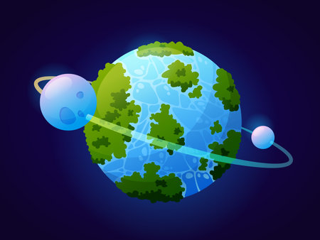 Fantasy planet looks like Earth with vegetation and water masses. Celestial body with satellite and orbit. Planetarium and outer space exploration and discoveries. Cartoon vector in flat styleのイラスト素材