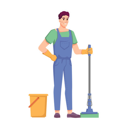 Cleaning service and housekeeping, isolated man with mop and bucket. Male personage mopping floor. Office, home or hotel care. Isolated janitor with tool. Cartoon character, vector in flat styleのイラスト素材