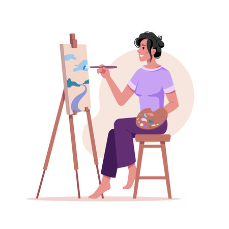 Artist paints picture at easel isolated woman with brush drawing on tripod at paper isolated flat cartoon character. Vector art painter draw on canvas by paintbrush, palette in hands, artwork creationのイラスト素材