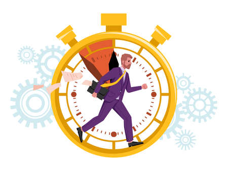 Time management concept, businessman runs like squirrel in wheel, man running over stopwatch,...