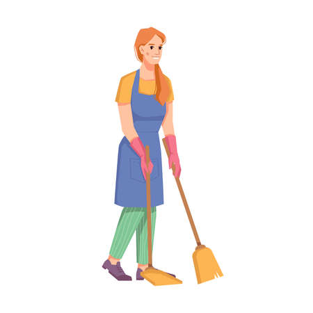 Cleaner staff, woman with broom, sweeping lady wearing uniform. Cleaning service for home or office, hotel room or housekeeping. Isolated personage or maid. Cartoon character, vector in flat styleのイラスト素材