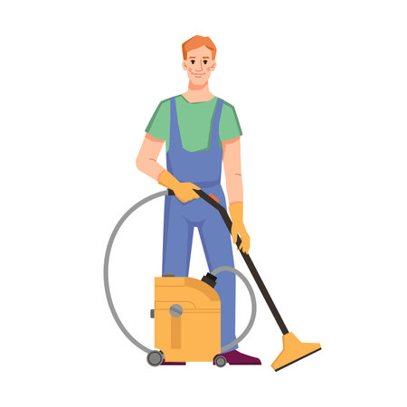 Cleaning service and care for home, office or hotel room. Isolated cleaner staff with machine for tidying from dust. Washing and cleanup in household. Cartoon character, vector in flat styleのイラスト素材