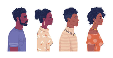 Diverse people, afro american men and women side view portraits, flat cartoon. Vector ebony, black african, mulatto and creoles. Multiracial group with curly hair, Africa ethnicity populationのイラスト素材
