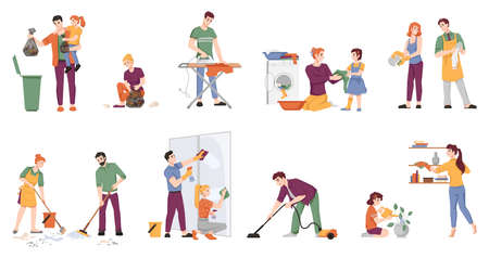 Cleaning people set isolated man and woman with children doing housework chores. Vector couple washing window, ironing, doing laundry, sweeping floor, watering plants, take out rubbish, vacuum cleanerのイラスト素材
