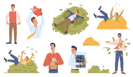 Rich and poor people set isolated fat cartoon men with without money. Vector unemployed guy with empty piggy, beggar. Millionaire swimming in golden coins and dollar banknotes, wealth and povertyのイラスト素材