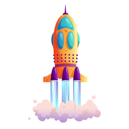 Takeoff of rocketship, traces and clouds, shuttle flight isolated cartoon icon. Vector new project or business startup concept, exploration of cosmos and space, innovation technology, vehicle liftoffのイラスト素材