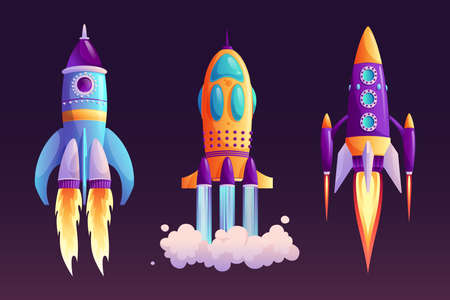 Space ship launch, rocket with fire trace and smoke isolated cartoon set. Vector start of business or new project symbol, boosters in flight. Takeoff of rocketship, spacecraft and clouds flamingのイラスト素材