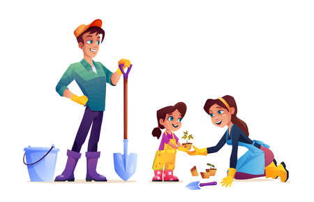 Happy family plant flowers isolated cartoon mother, father and daughter with gardening tools. Vector parents and child spend time together, mom and girl in apron and rubber gloves.のイラスト素材