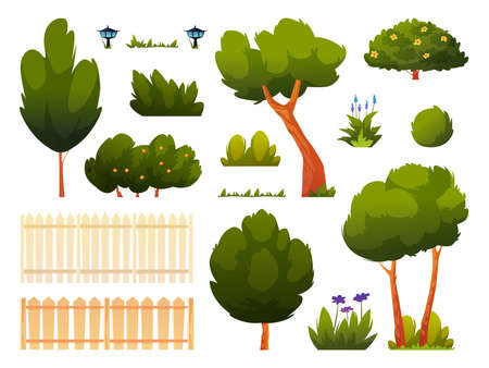 Set of green trees, bushes, grass and flowers, fence or hedge isolated backyard or park set of cartoon elements. Vector spring or summer outside objects, forest or garden plants, gardening icons.のイラスト素材