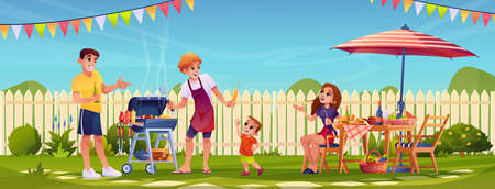Bbq people party on garden backyard, happy family cooking food outdoors in garden with fence. Vector mother father and children grilling meat, picnic outdoors. Barbeque table, umbrella and flagsのイラスト素材