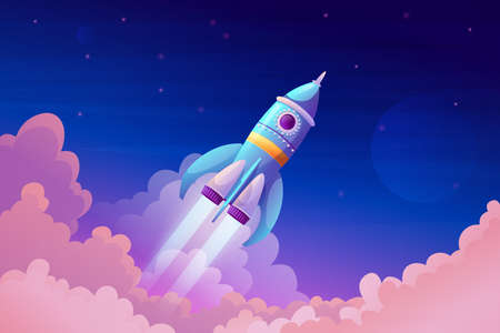 Space ship launch, rocket with fire trace and smoke in blue sky atmosphere. Vector takeoff of rocketship, flaming spacecraft and pink clouds. Booster in flight, symbol of business or new project startのイラスト素材