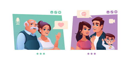 Family video conference, children with parents and grandchildren talking online on computer screens. Vector people on quarantine chatting with grandmother and grandfather, computer webcam talk.のイラスト素材